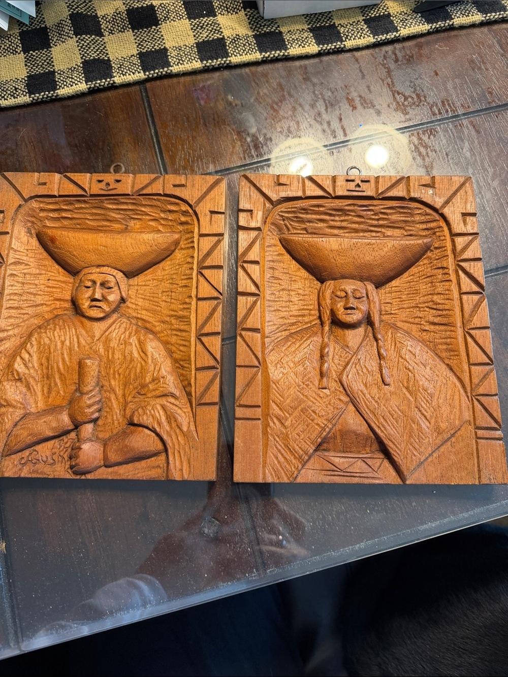 Source Unknown Hand-Carved Wooden Wall Art Pair in Warm Brown